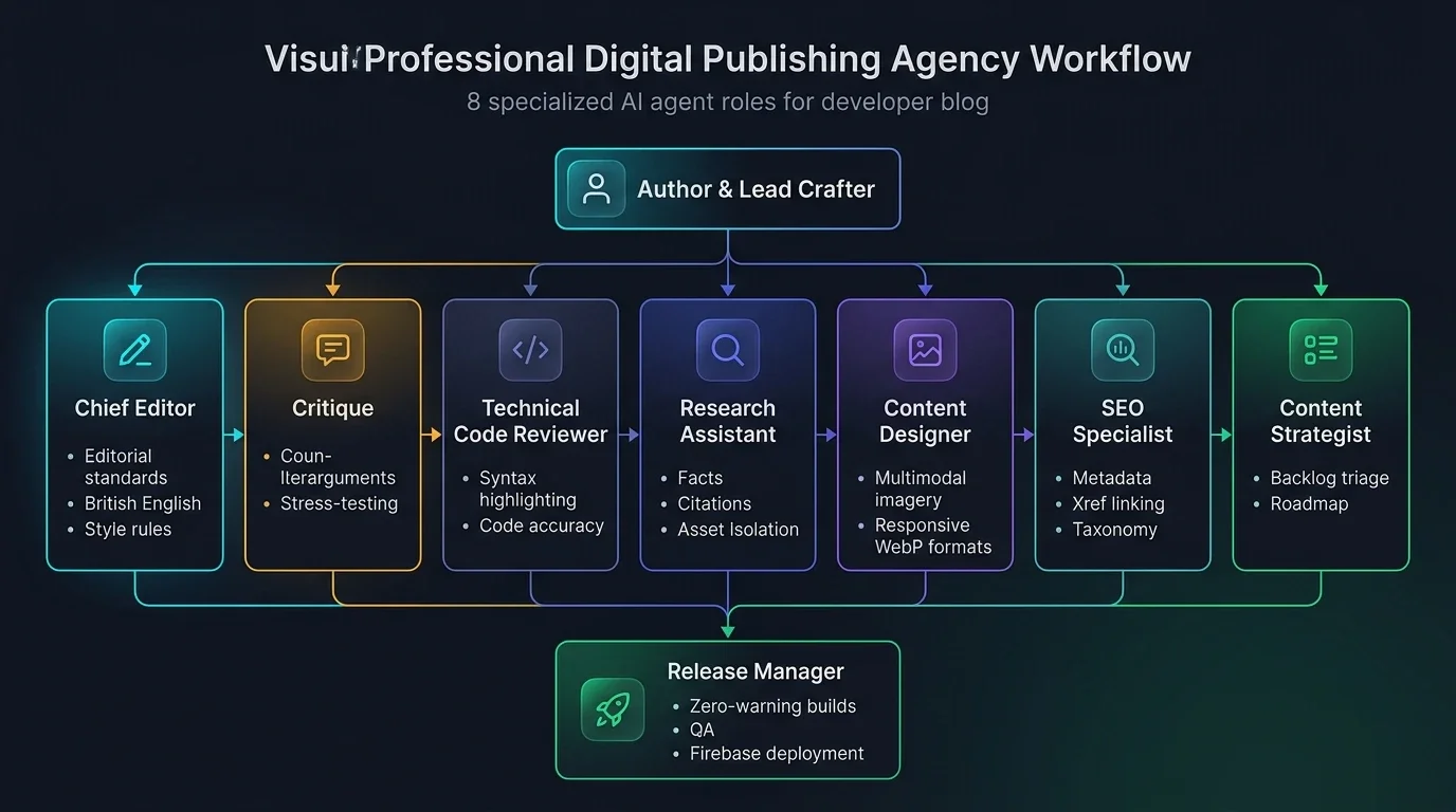 Diagram showing the digital publishing agency workflow connecting all 8 AI agent roles